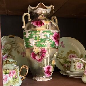 Floral Ceramic Vase with Pink and Green Accents
